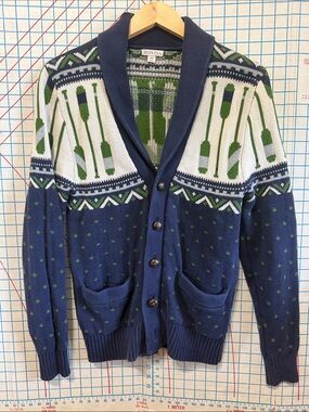 Merona Navy Shawl Collar Cardigan with Green Fair Isle Accents